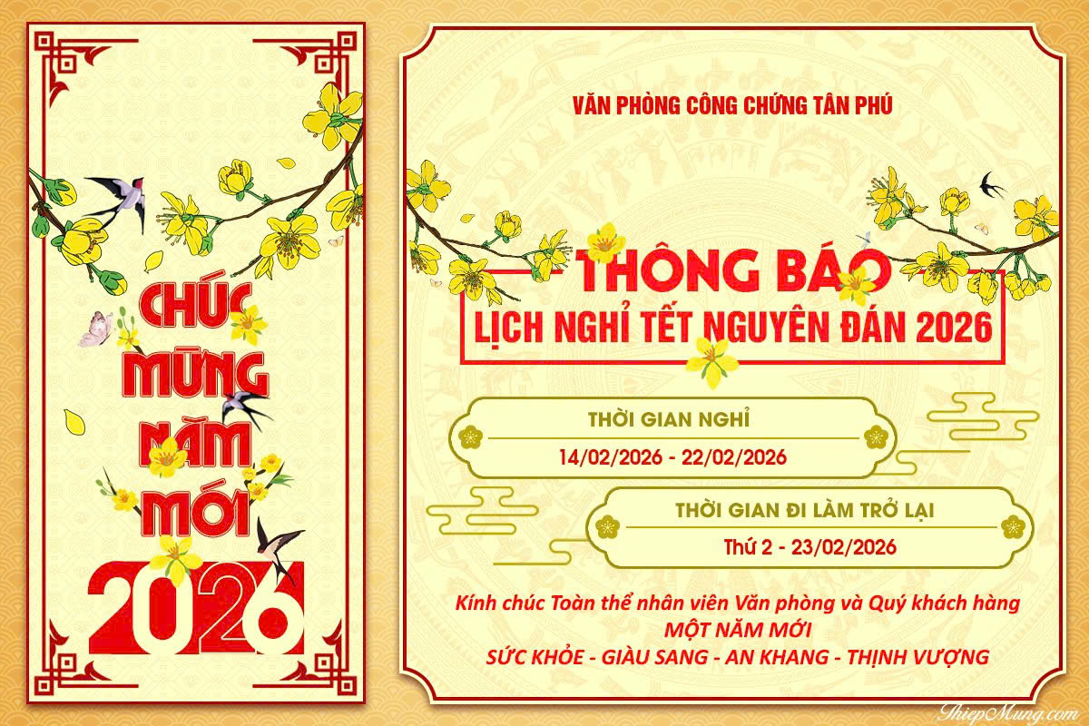 THÔNG BÁO LỊCH NGHỈ LỄ TẾT NGUYÊN ĐÁN 2026