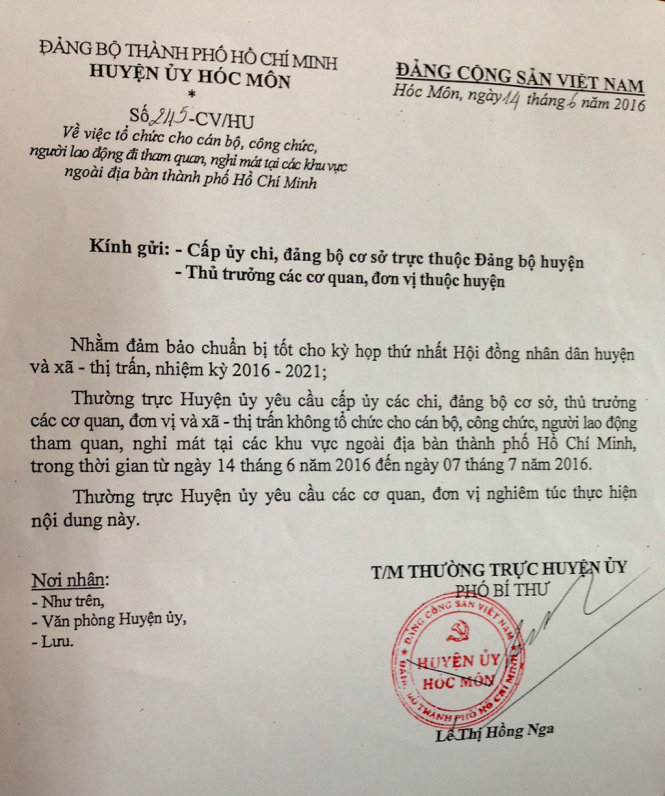 "Nói Hóc Môn cấm cán bộ nghỉ mát ngoài TP.HCM là chưa đúng"